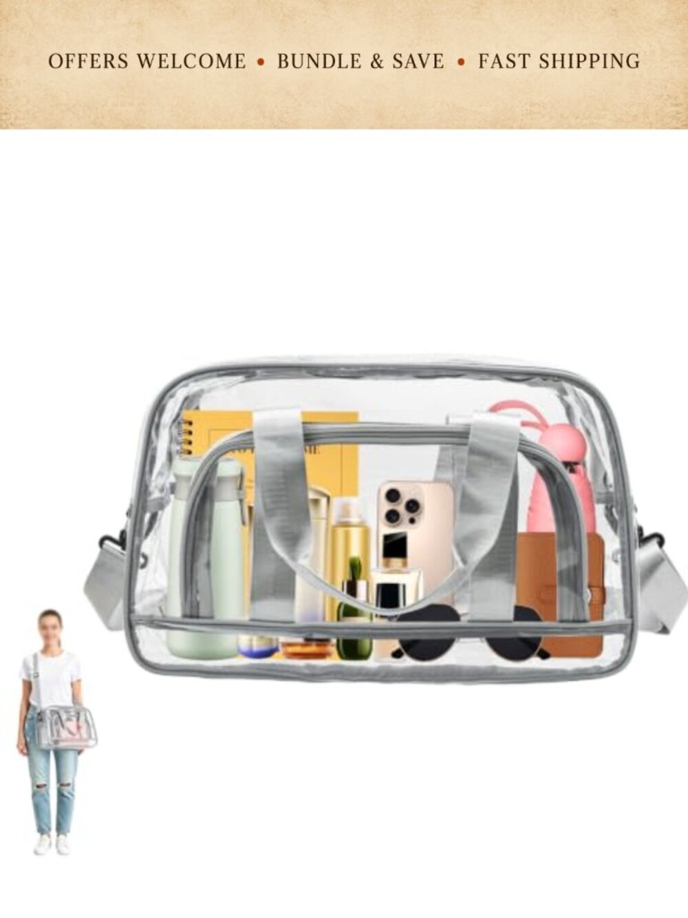 Clear PVC Duffel Bag with Shoulder Strap Large Tote for Travel Gym